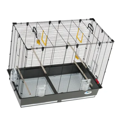 Wire cage with two wooden perches, four clear plastic feeders, removable tray base and two yellow swing handles visible inside.