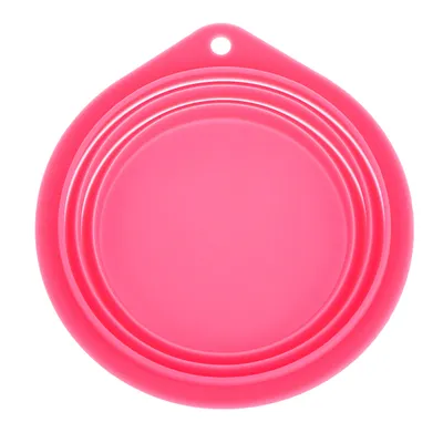 Gamelle ronde rose en silicone avec trou de suspension visible, vue du dessus. Aucun texte ou marque apparente.