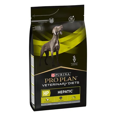 Sac de croquettes Purina Pro Plan Veterinary Diets HP Hepatic pour chien, texte visible : selected protein, low copper, high energy, puppy & adult, designed to be recyclable.