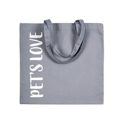 Γκρι υφασμάτινη τσάντα με λευκή επιγραφή 'PET'S LOVE' στην αριστερή πλευρά.