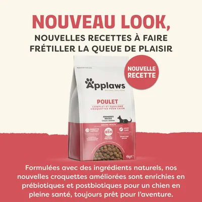 Applaws Poulet, nouvelle recette pour grands chiens. 85 % de protéine animale, sans céréales, favorise la digestion et les articulations. Nouvelles croquettes améliorées avec des ingrédients naturels. Applaws Poulet, nouvelle recette pour grands chiens. 85 % de protéine animale, sans céréales, favorise la digestion et les articulations. Nouvelles croquettes améliorées avec des ingrédients naturels.