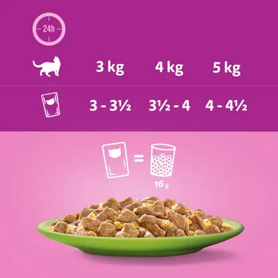 Odporúčané kŕmenie pre mačky: 3 kg telesnej hmotnosti 3-3½ vrecúška, 4 kg 3½-4 vrecúška, 5 kg 4-4½ vrecúška. 1 vrecúško zodpovedá 16 g suchého krmiva.