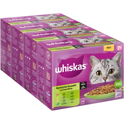 Whiskas Mixed Selection in Sauce, 12 pouches for cats aged 7+. Varieties: beef, chicken, salmon, tuna. 100% balanced nutrition. New.