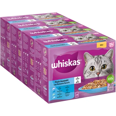 Whiskas Fish Selection in Jelly, for cats aged 7+. Varieties: salmon, tuna, cod, whitefish. Pack of 12 pouches. 100% balanced nutrition.
