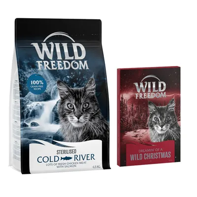 Balení Wild Freedom Sterilised Cold River 6,5 kg s textem '100% grain-free recipe' a menší balení Dreamin' of a Wild Christmas 18 g. Obě s obrázkem kočky.
