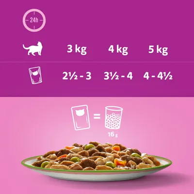 Conseils d’alimentation pour chat : 3 kg 2½–3 sachets, 4 kg 3½–4 sachets, 5 kg 4–4½ sachets. 1 sachet équivaut à 16 g de croquettes.