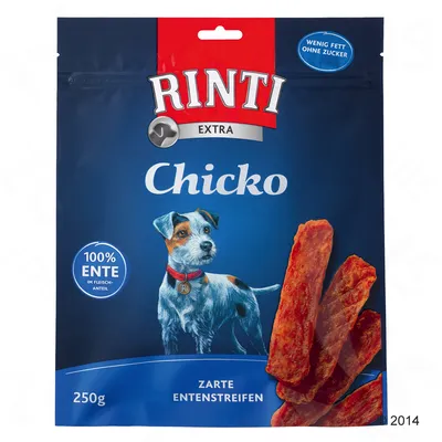 Опаковка Rinti Extra Chicko, 250 г. Видими са ленти от месо и илюстрация на куче. Текст: 100% Ente im Fleischanteil, wenig Fett ohne Zucker, Zarte Entenstreifen.