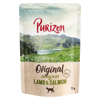 Purizon Original Chicken Fillet z jagnięciną i łososiem, 70g. Wysokiej jakości składniki, 14% mięsa. Opakowanie z górskim krajobrazem i symbolem kota.