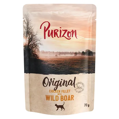 Purizon Original Chicken Fillet met wild zwijn, 14% wild zwijn, 70 g zakje, silhouet van een kat afgebeeld. Purizon Original Chicken Fillet met wild zwijn, 14% wild zwijn, 70 g zakje, silhouet van een kat afgebeeld.