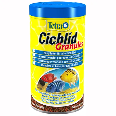 Tetra Cichlid Granules fiskfoderburk med text: Hauptfutter für alle Cichliden, Aliment complet pour tous les Cichlidés, Totaalvoeder voor alle soorten Cichliden, Mangime di base per tutti i Ciclidi.