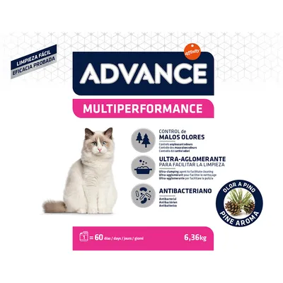 ADVANCE MULTIPERFORMANCE kattegrus, antibakteriel, ultra-agglomererende, kontrol af lugt, 6,36 kg, varer op til 60 dage, Olor a pino Pine aroma. Kat og produktinformation på emballagen.