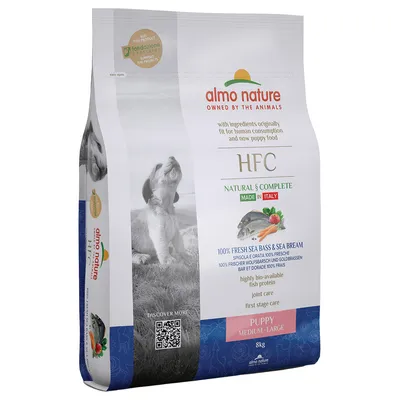 Almo Nature HFC Natural & Complete Puppy Medium-Large, 8kg. Prodotto in Italia, 100% branzino fresco e orata, proteine del pesce, cura delle articolazioni, prima fase di cura.