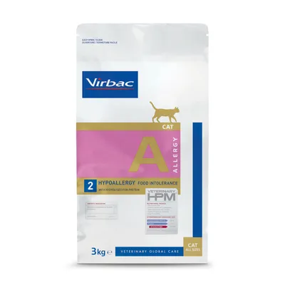 Virbac CAT Allergy A, hipoalergénico para intolerancia alimentaria, proteína de pescado hidrolizada, Veterinary HPM, 3 kg, para gatos de todos los tamaños. Texto en inglés visible.