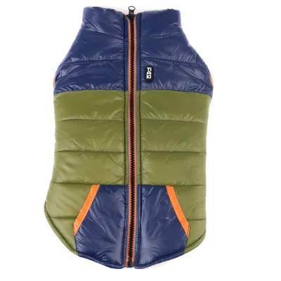 TAK Hundejacke mit Reissverschluss, blau-grün mit orangefarbenen Akzenten. Gepolstertes Design für kalte Tage.