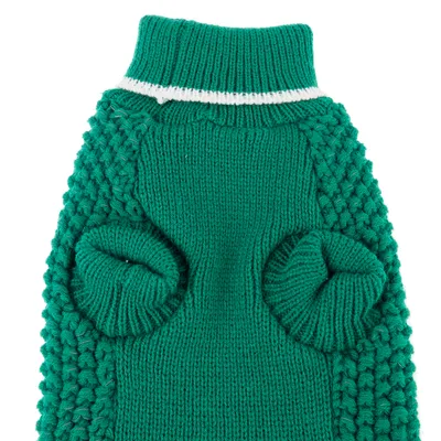 Green knitted jumper with white stripe on collar and openings for front legs.