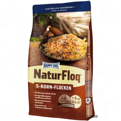 Happy Dog NaturFlox 5-Korn-Flocken kutyaeledel csomagolás, tál gabonapehellyel, feliratok: Kein Soja!, Mix it!, Ohne Farb- & Konservierungsstoffe, Für alle ausgewachsenen Hunde