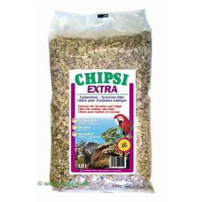 Litière pour animaux exotiques CHIPSY EXTRA, sac de 10 l, visible sur l’emballage : XXL, hygiénique, sec, propre. Illustrations de perroquet, tortue et lézard.