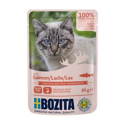 Bozita kattenvoer met zalm, 100% dierlijk eiwit, graanvrij, 85 g. Tekst: Swedish natural ingredients, delicious taste easy digestion, made in Sweden.