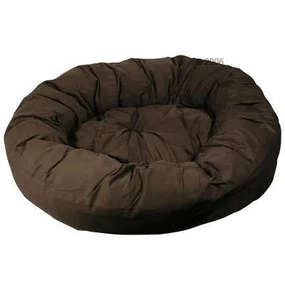 Okrągłe legowisko dla zwierząt w kolorze ciemnobrązowym, materiał przypominający tkaninę, widoczne pikowanie na środku i miękkie boki.
