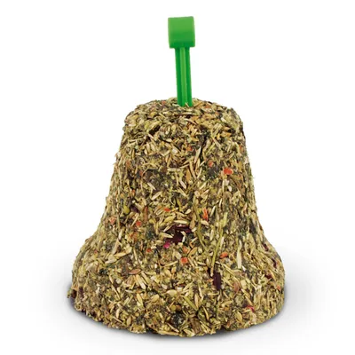 Zvonasti snack od prešanog bilja i sjemenki s držačem od zelene plastike.