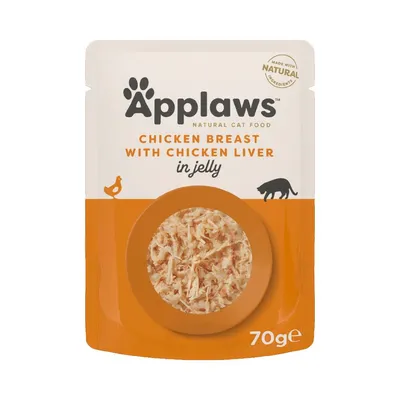 Chicken breast with chicken liver in jelly, made with natural ingredients, 70g pouch. Product contents visible through a circular window on the packaging.