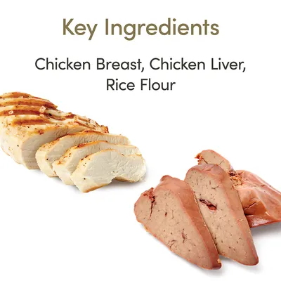 Teksti: Key Ingredients. Chicken Breast, Chicken Liver, Rice Flour. Kuvassa viipaloitua kananrintaa ja kananmaksaa.