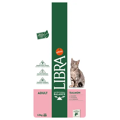Корм для взрослых кошек Libra Nutritional Balance с лососем, 12 кг. Видна упаковка, изображение кошки, надписи: strong teeth & bones, healthy digestion, vitamins + minerals, no artificial.
