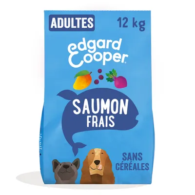 Edgard Cooper croquettes pour chiens adultes, saumon frais, sans céréales, 12 kg. Contient mangue, betterave rouge et baies.