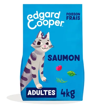 Edgard Cooper nourriture pour chats adultes au saumon frais, 4 kg. L'emballage montre une illustration d'un chat et des ingrédients comme des herbes et des baies.