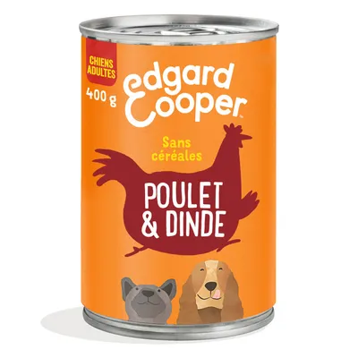 Edgard Cooper nourriture humide pour chiens adultes, 400 g, poulet et dinde, sans céréales.