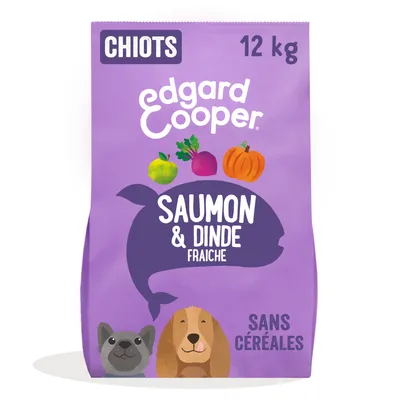 Edgard Cooper nourriture pour chiots, 12 kg, avec saumon frais et dinde, sans céréales. Illustrations de légumes et deux visages de chiens sur emballage violet.