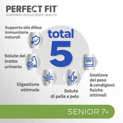 Perfect Fit total 5: supporto alle difese immunitarie, salute del tratto urinario, digestione ottimale, salute di pelle e pelo, gestione del peso. Senior 7+.