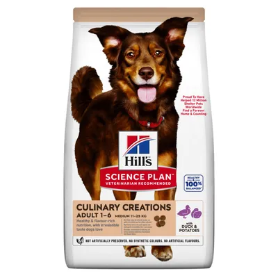 Hill's Science Plan Culinary Creations Adult 1-6 Medium 11-25 kg cu rață și cartofi. Hrană sănătoasă, gustoasă pentru câini. 100% echilibrată, fără aditivi artificiali.