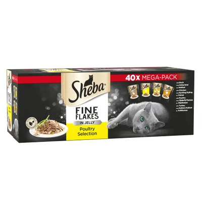 Sheba Fine Flakes in Jelly Poultry Selection 40x mega-pack, showing duck, chicken, poultry and turkey varieties.