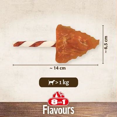 8in1 Flavours hondensnack, afmetingen: ca. 14 cm x 6,5 cm, geschikt voor honden boven 1 kg.