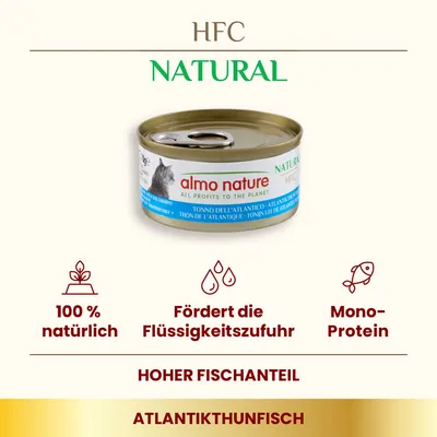 HFC Natural Almo Nature Dose mit Atlantikthunfisch. 100% natürlich, fördert Flüssigkeitszufuhr, Mono-Protein, hoher Fischanteil.