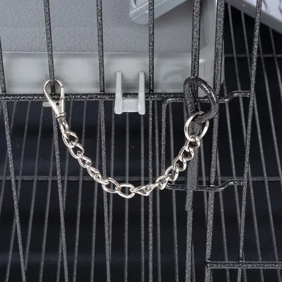 Prim-plan al unei cuști metalice cu lanț argintiu și carabinier pentru siguranță. Bare negre și suport din plastic gri vizibile.