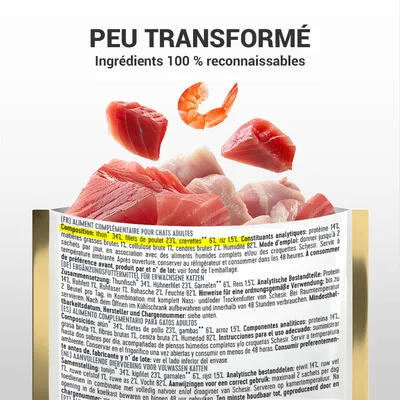 Texte : Peu transformé, Ingrédients 100 % reconnaissables. Composition visible : thon 34 %, filets de poulet 23 %, crevettes 6 %, riz 15 %. Pour chats adultes.