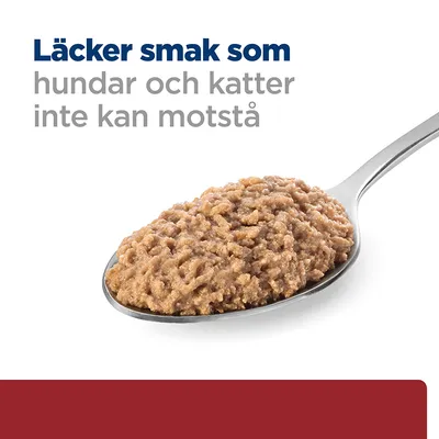 Text: Läcker smak som hundar och katter inte kan motstå. Sked med våtfoder för husdjur visas under texten.