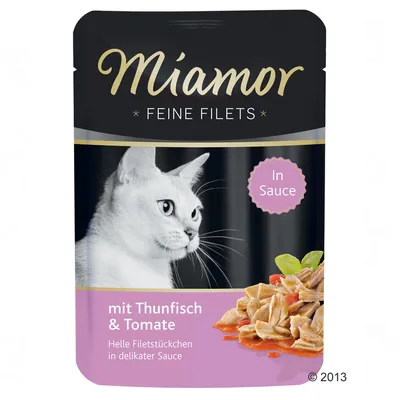 Miamor Feine Filets cat food pouch, mit Thunfisch & Tomate, In Sauce. Image shows a white cat and tuna with tomato pieces in sauce on the packaging. Text in German.