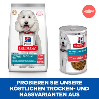 Hill's Science Plan Hypoallergenic Trocken- und Nassfutter für Hunde, Adult 1-6, mit Lachs, ohne Getreide. Probieren Sie köstliche Varianten aus.