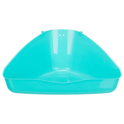 Corner cat litter tray made of turquoise plastic, suitable for space-saving placement in corners.