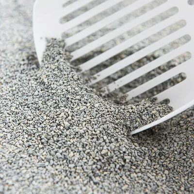 Close-up of grey cat litter being sifted with a white scoop.