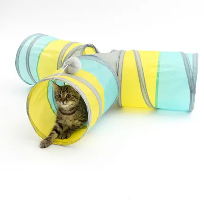 Spielzeug-Tunnel in Gelb und Blau mit grauem Plüschball, Katze sitzt im Tunnel.