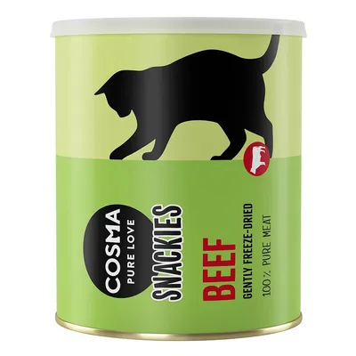 Opakowanie Cosma Pure Love Snackies Beef, napis: Gently freeze-dried, 100% pure meat. Zielona puszka z czarnym sylwetką kota.