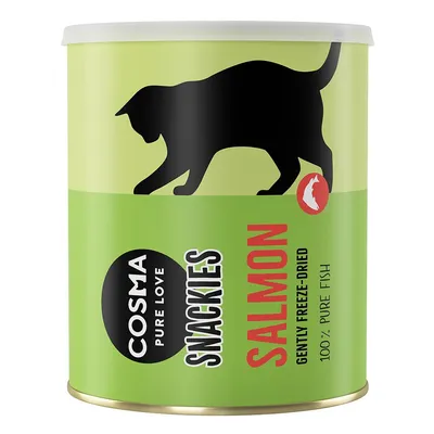 COSMA PURE LOVE SNACKIES SALMON, GENTLY FREEZE-DRIED, 100% PURE FISH – opakowanie przysmaków dla kotów z łososiem, zielona puszka z czarnym sylwetkowym kotem.