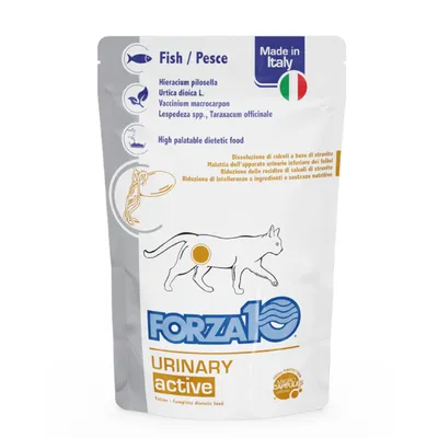 Forza10 Urinary Active kattenvoer, dieet, met vis. Made in Italy. Ondersteunt de gezondheid van de lagere urinewegen en vermindert intoleranties voor ingrediënten en voedingsstoffen.