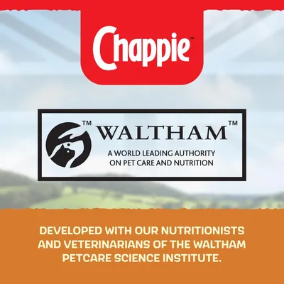 Chappie. Waltham, a world leading authority on pet care and nutrition. Developed with our nutritionists and veterinarians of the Waltham Petcare Science Institute.
