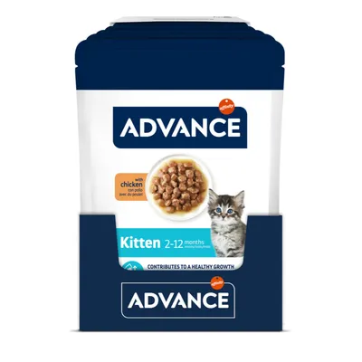 Advance comida para gatitos, 2-12 meses, con pollo. Favorece el crecimiento saludable. El envase muestra imagen del producto y un gatito.