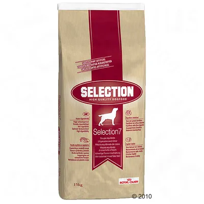 Royal Canin Selection7 High Quality Dogfood, 15kg. Gut verdaulich, ohne künstliche Farbstoffe, ausgewogene Flockenmischung für Hunde. Verpackung mit rotem und beigem Design.